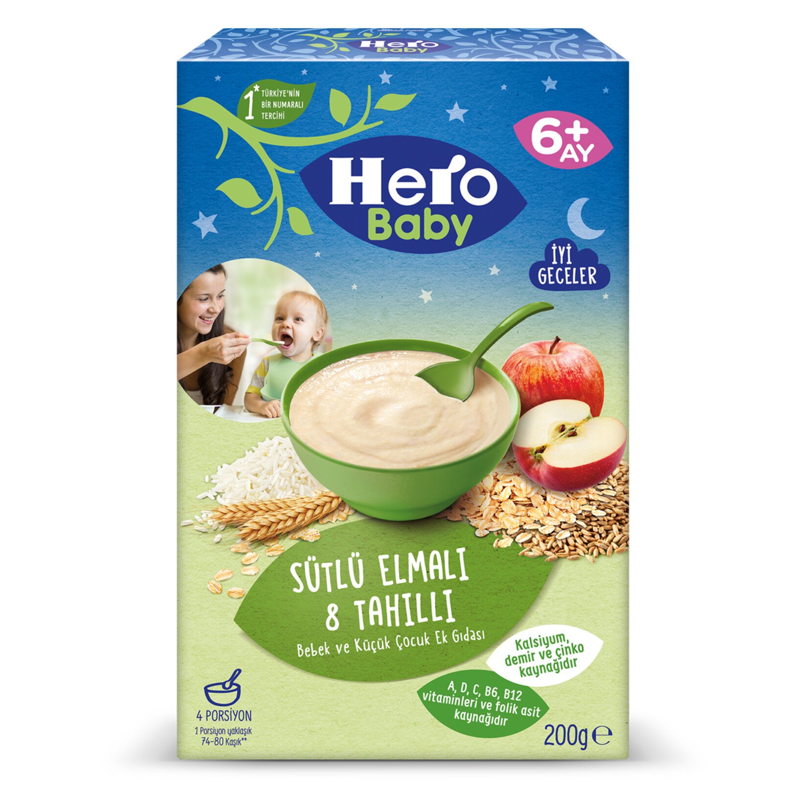 Hero Baby Sütlü 8 Tahıllı Elmalı Ek Besin 200 Gr