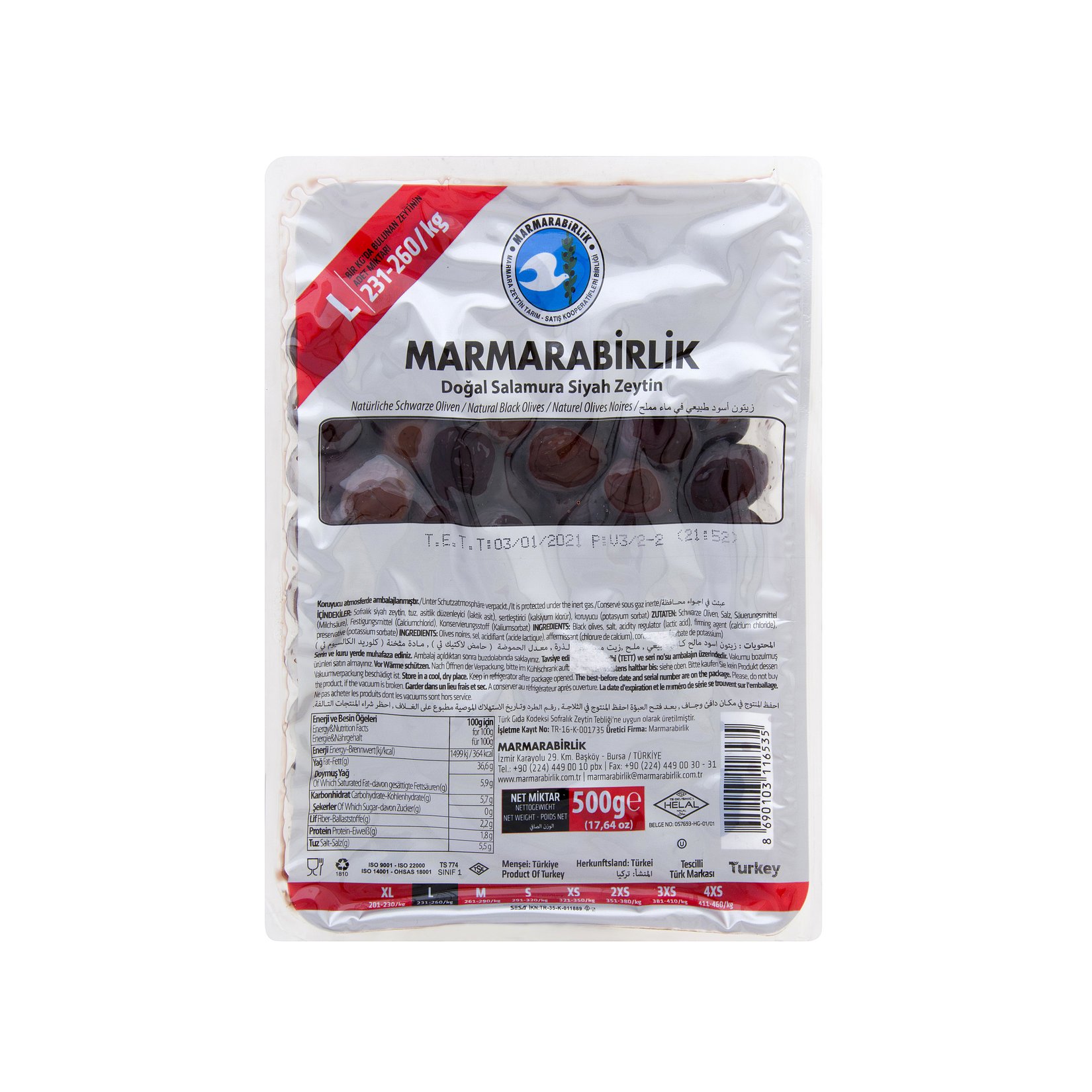 Marmarabirlik Hiper Zeytin 500 G 231 - 260 Ad/Kg