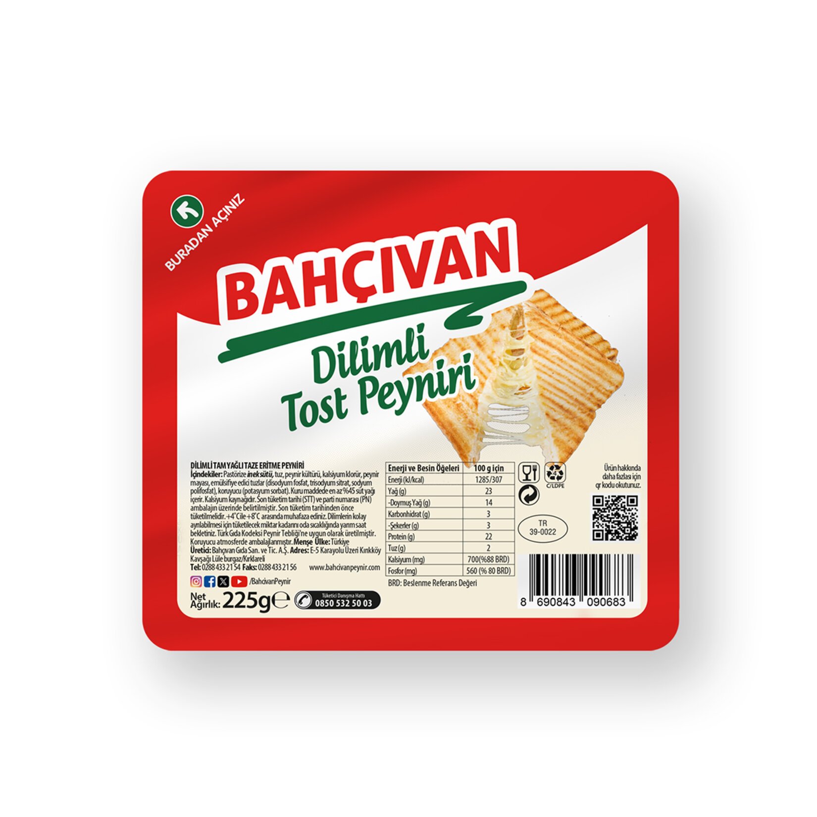 Bahçıvan Tam Yağlı Taze Dilimli Tost Peyniri 225 G