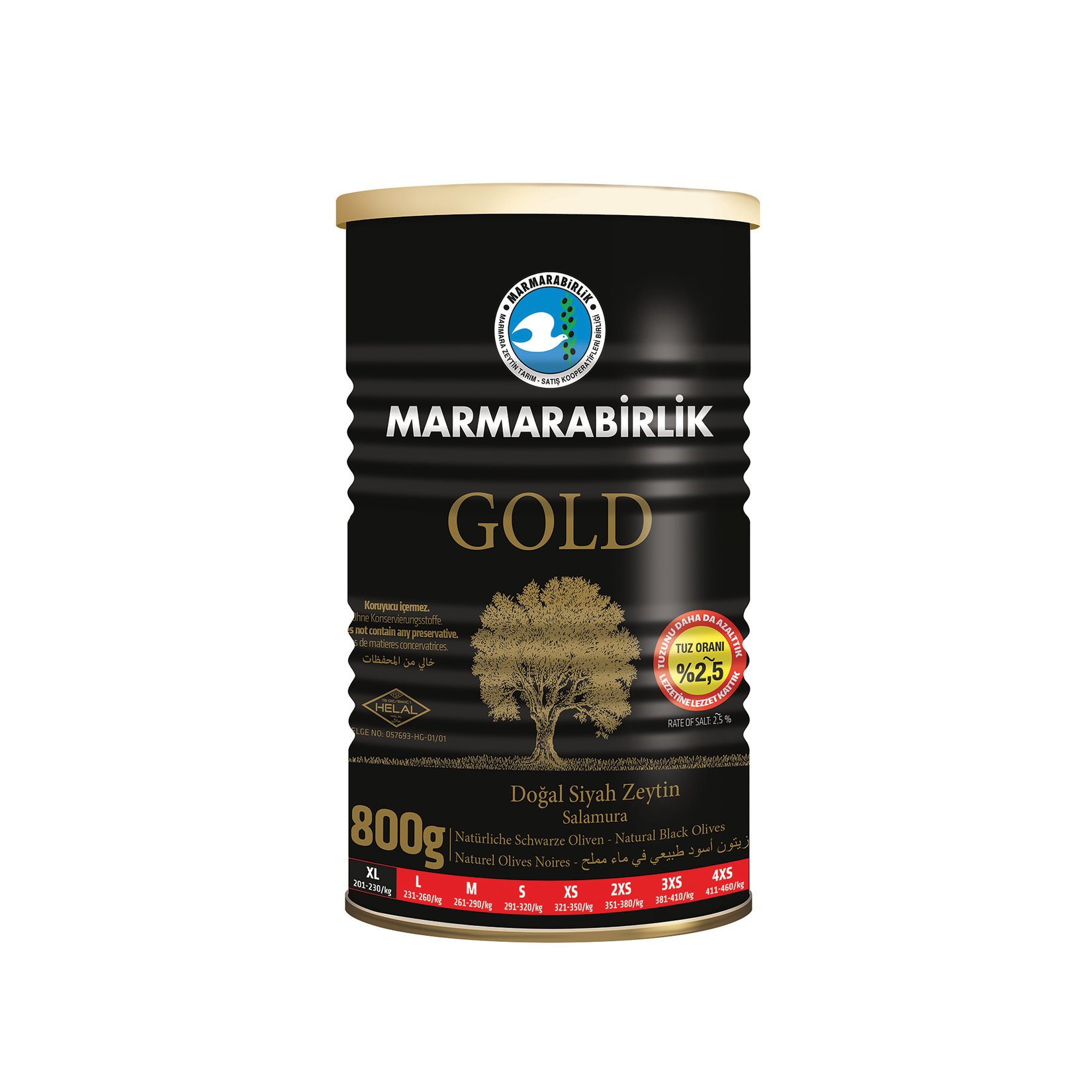 Marmarabirlik Gold Teneke Zeytin 800 G 201-230 Ad/kg