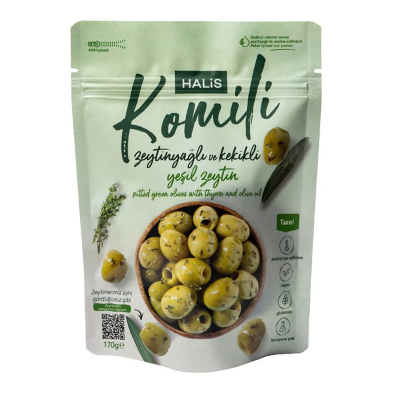 Komili Ç.deksiz Zeytinyağlı Kekikli Yeşil Zeytin 170G