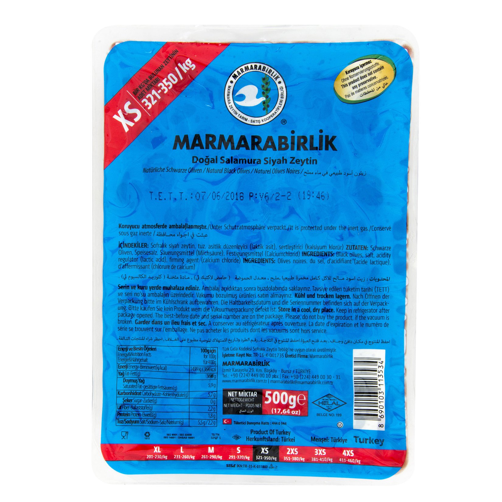 Marmarabirlik Extra Zeytin 500 G 321-350 Ad/Kg