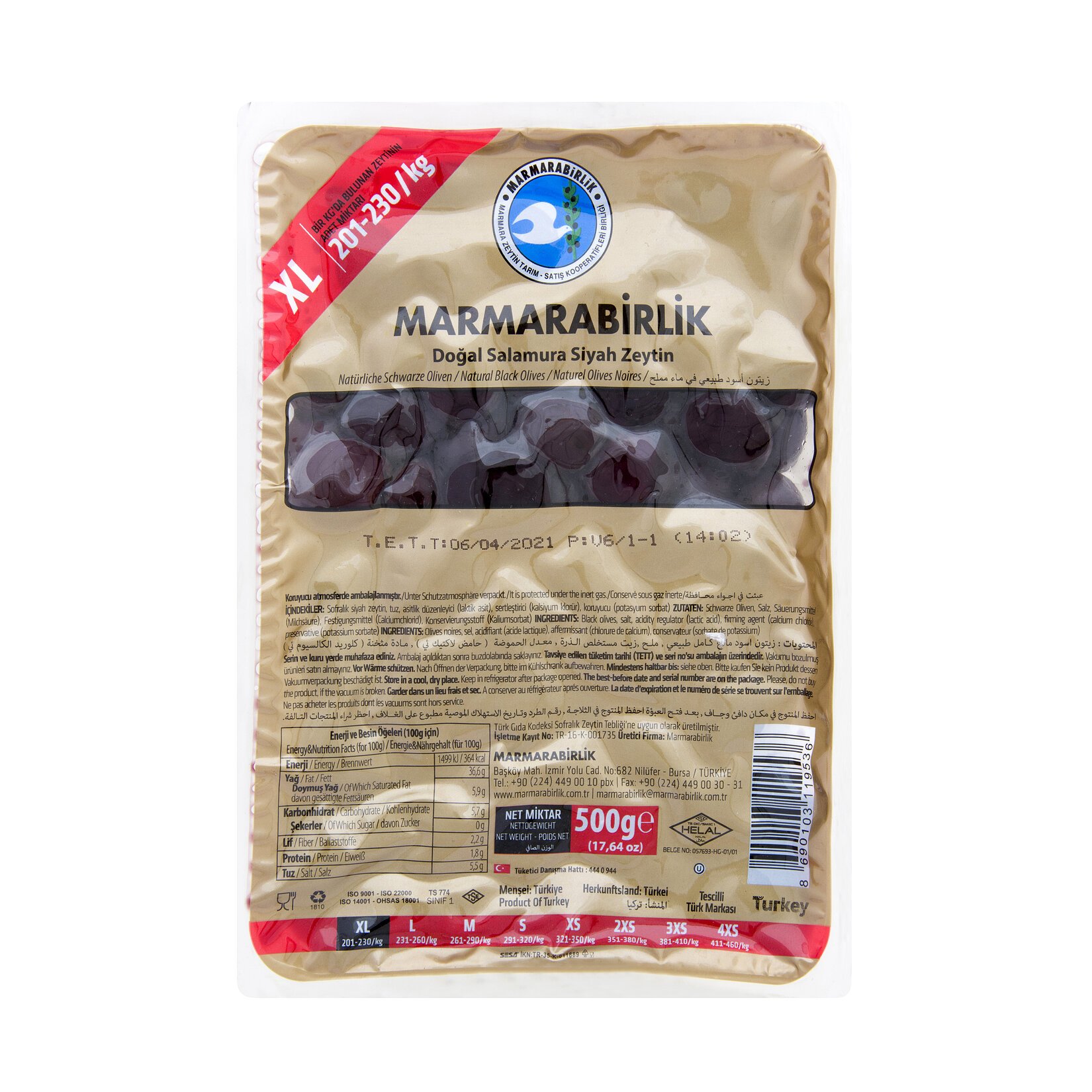 Marmarabirlik Mega Zeytin 500 G 201-230 Ad/kg