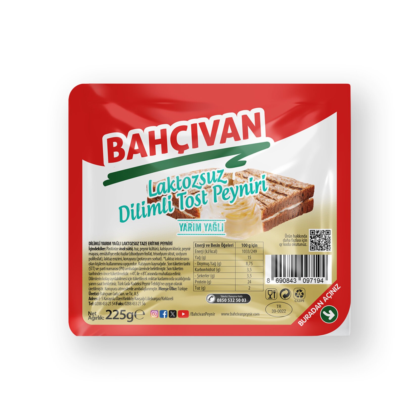 Bahçıvan Yarım Yağlı Laktozsuz Dilimli Tost Peyniri 225g