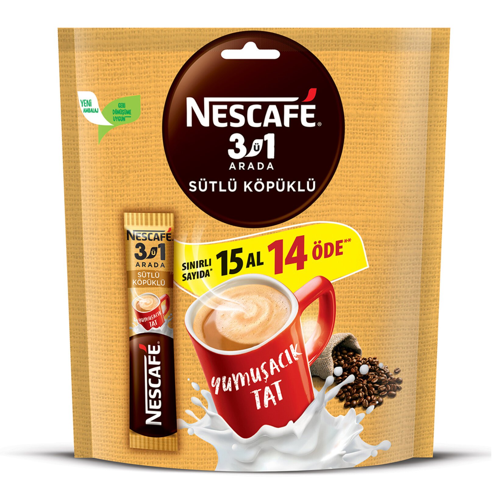 Nescafé 3ü1 Arada Sütlü Köpüklü Çözünebilir Kahve 17,4g 15 Al 14 Öde